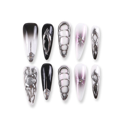 365nails cool grey ombré with metallic chain futuristic press-ons