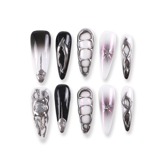 365nails cool grey ombré with metallic chain futuristic press-ons