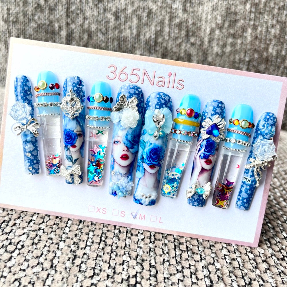 365nails: "Blue Fantasy" – 3D Cartoon Art Handmade Coffin Nails-5.5cm