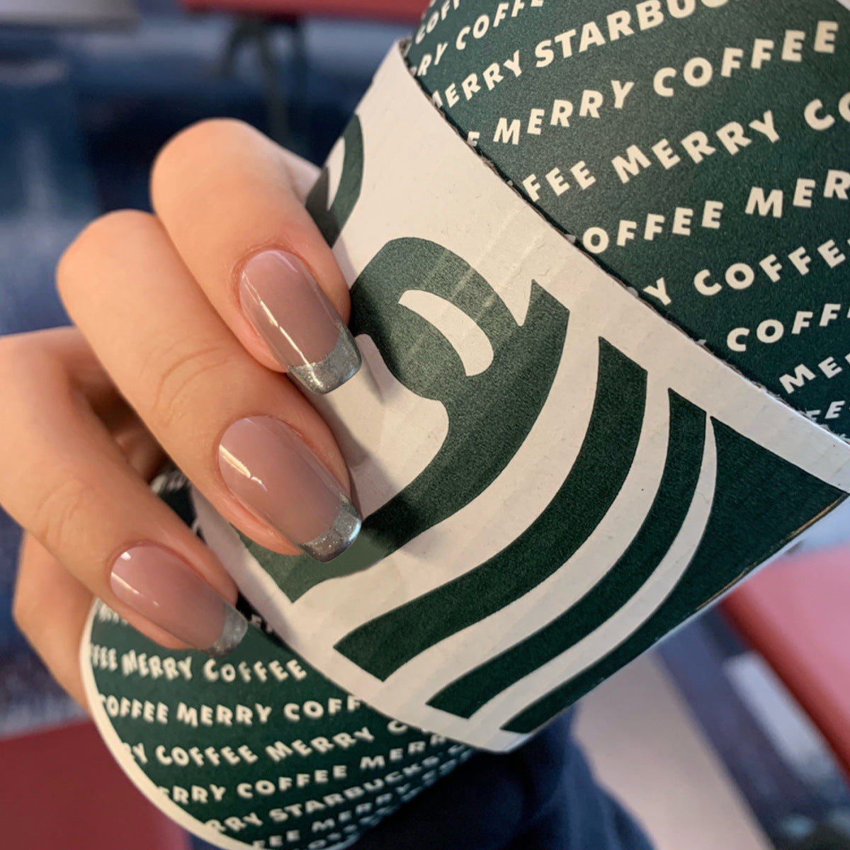 Lotus root powder gradual change silver edge French press on nails finished fake nail manicure patch nail patch waterproof removable｜365nails