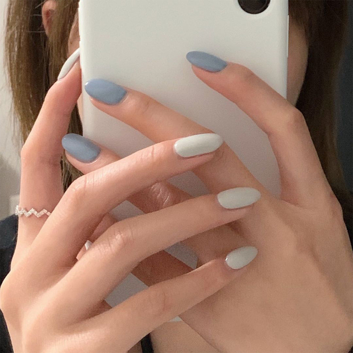 Unhas falsas premium em azul e cinza mandarim, acabamento em unhas falsas, remendo para unhas, remendo para unhas à prova d'água, remendo para unhas removíveis ｜ 365nails