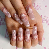 Unhas postiças longas de balé nuas rosa com nuvem para usar, à prova d'água, remendo para unhas removíveis ｜ 365nails