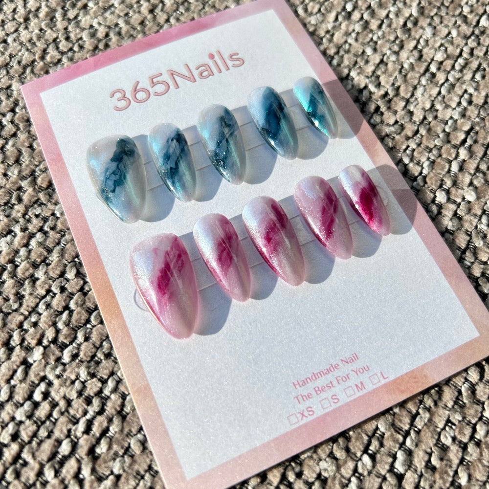 Ice Blue & Berry Rose Ink Wash Smoke Marble Pearl Shimmer Nails ｜ Handmade Smudge Series(moq=30)