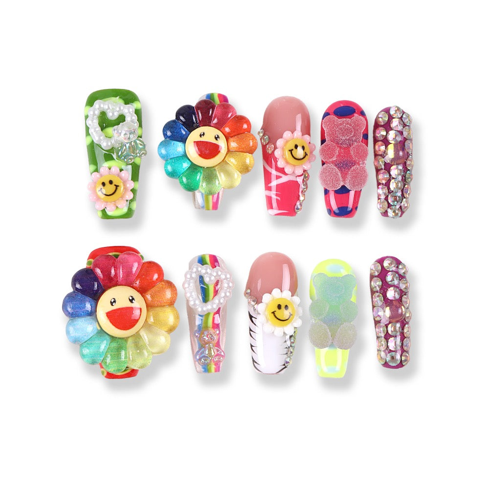365Nails Rainbow Smiley Flower Press-On Nails with Jelly Charms and Crystals