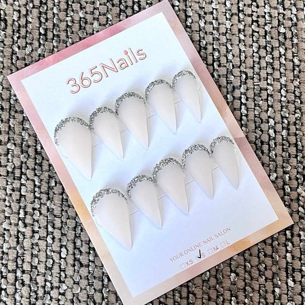 Silver Halo - Ivory Glitter Crescent Press-On Nails
