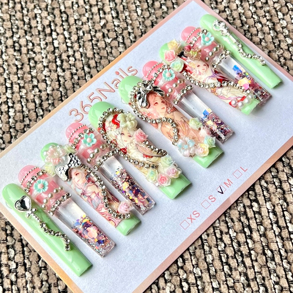 365nails: "Pastel Floral Princess" – Handmade Liquid Motion Press-On Long Pipe Nails-5.5cm