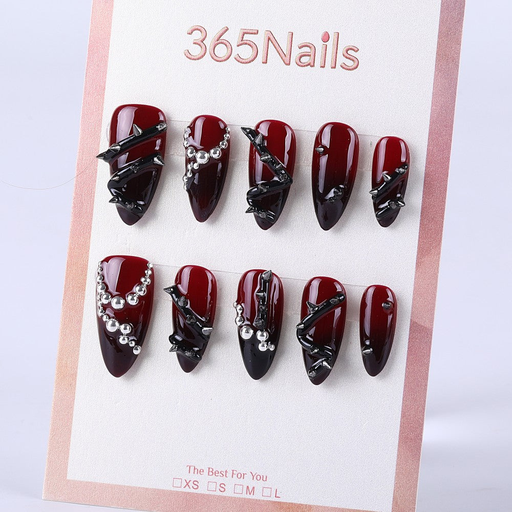 Dark Night Thorn Deep Burgundy 3D Silver Beads Long Almond Shape press on nail