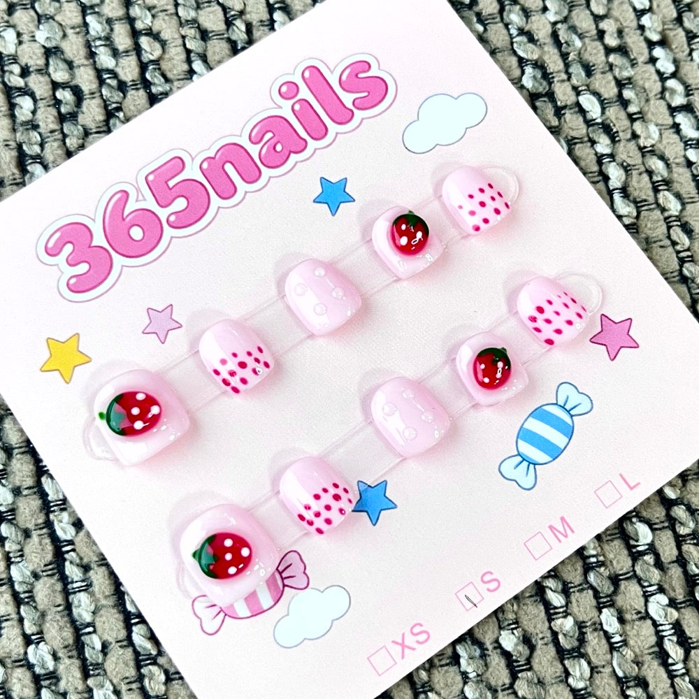 365nails: "Strawberry Patch" – 3D Strawberry & Polka Dot Handmade Short Square Nails