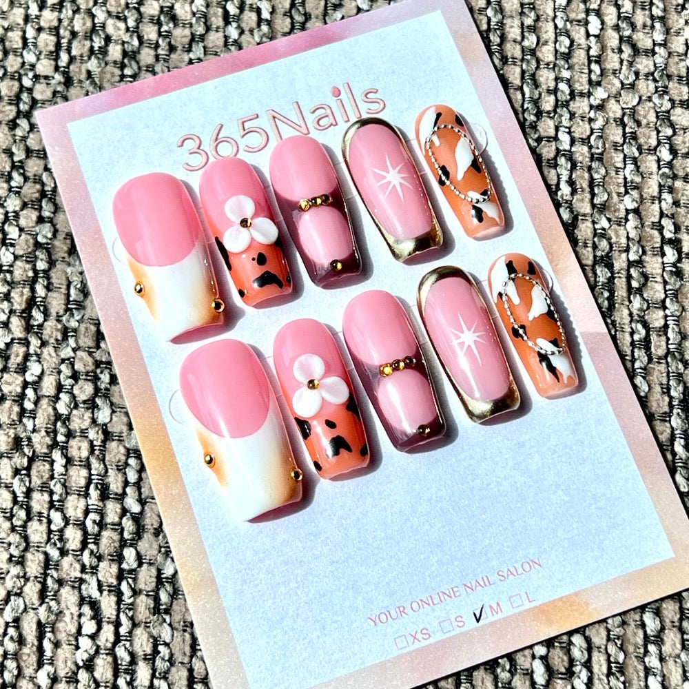365nails: "Peach Cow Print & Starlight" – Handmade Medium Square Press-On Nails