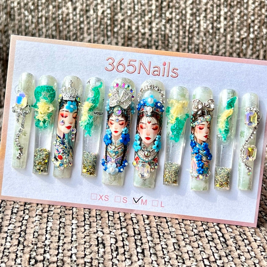 365nails: "Traditional Opera Maiden" – Handmade Liquid Motion Press-On Long Pipe Nails-5.5cm