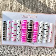 365nails: "Pink Black Animal Print Long" – Handmade Long Trapezoid Press-On Nails