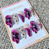 Sculpted Flora: "Mulberry Wildflower" – 3D Deep Magenta Flowers & Abstract Lines on Leopard Print Stiletto Nails