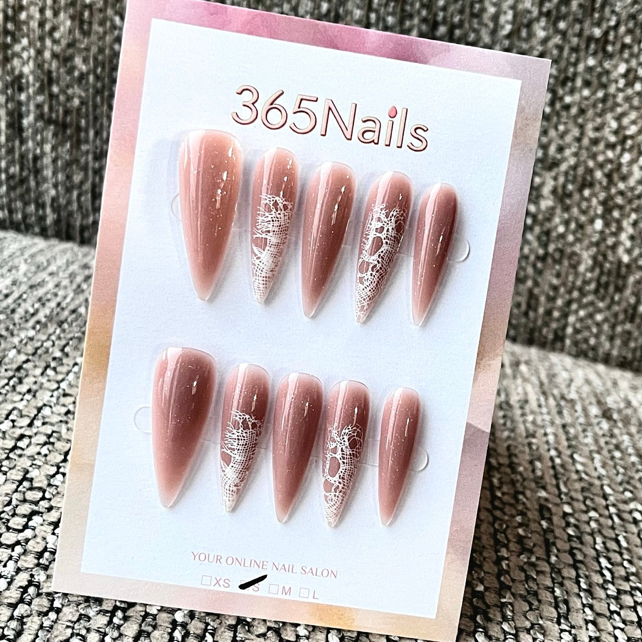 Nude Stiletto Press-On Nails with White Lace Design