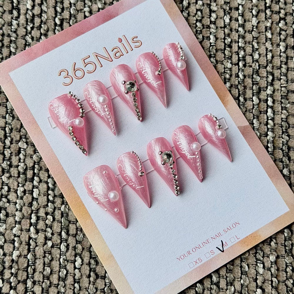 365nails: "Pink Angel Pearl Glitter" – Rhinestone & Pearl Handmade Medium Stiletto Nails