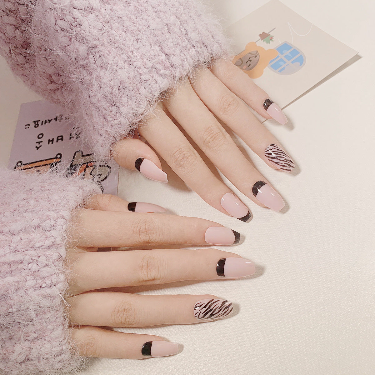 Unhas postiças anti-listras francesas cinza rosa roxo arte de unha arte de unha remendo de unha arte de unha removível ｜ 365nails