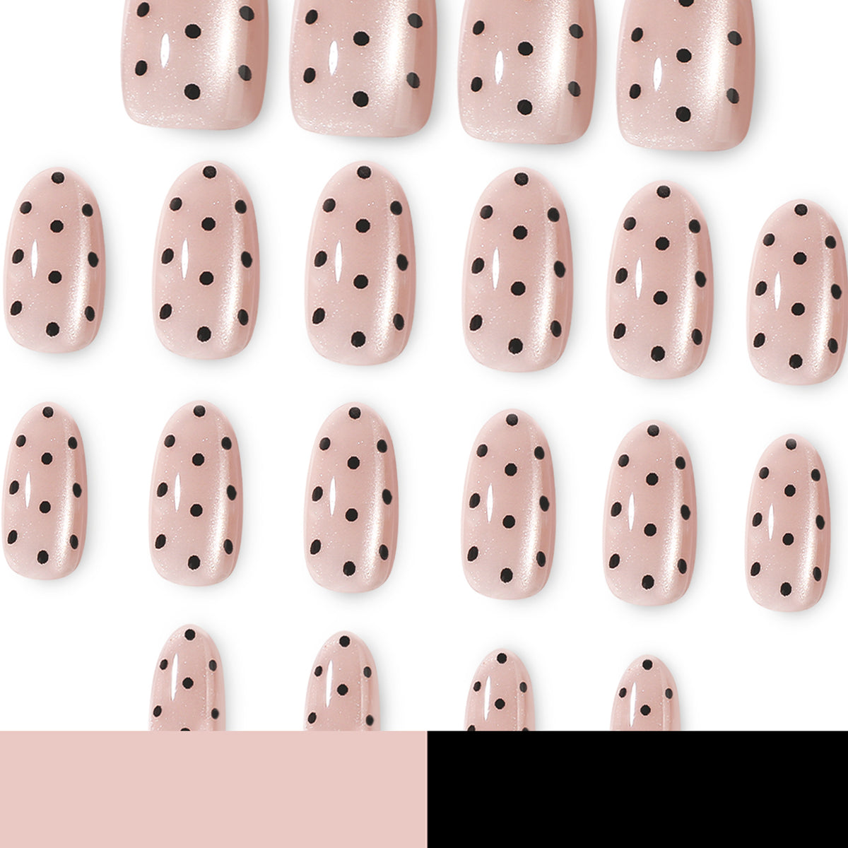 Grid of sheer pink cat-eye nails with black polka dots on white background
