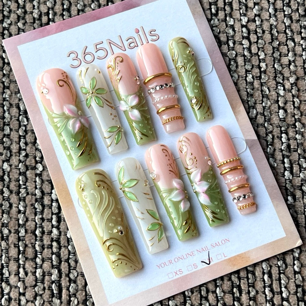 Sage Pearl Vine - Green Floral Pearl Press-On Nails