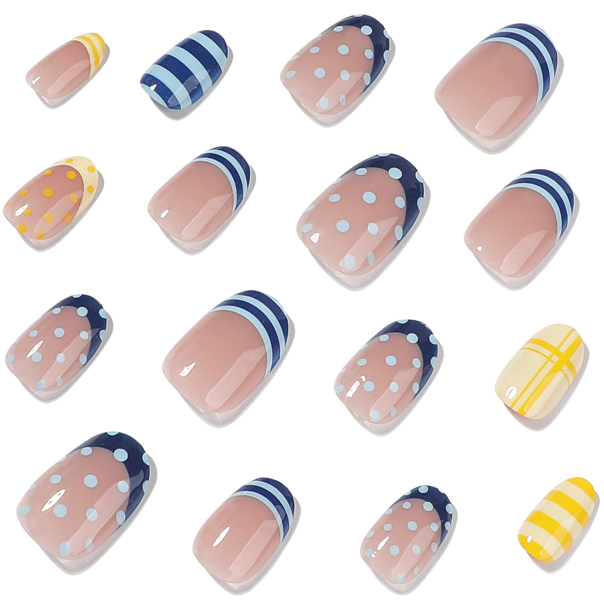 Scattered individual press-on nails with blue dot and yellow stripe patterns