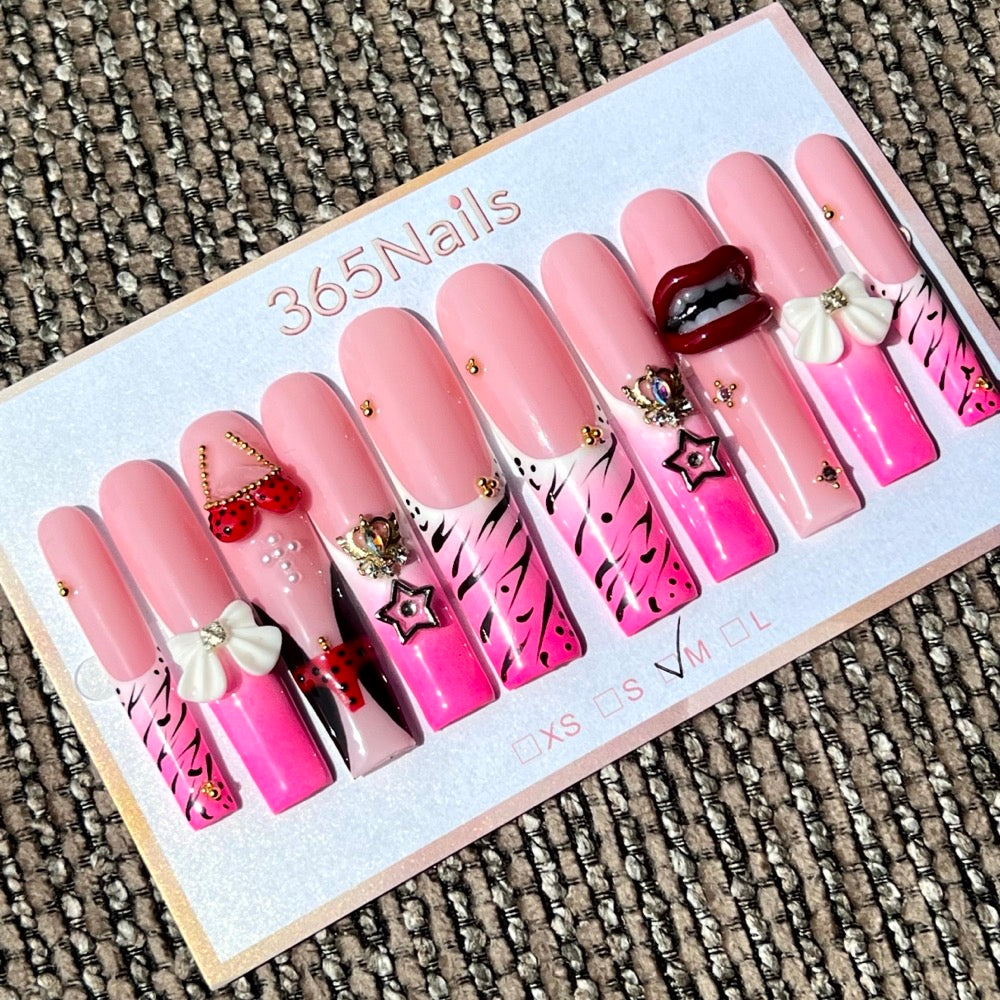 365nails: "Wild Cherry" – 3D Lips & Animal Print Handmade Long Coffin Nails