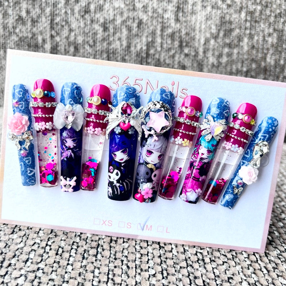 365nails: "Fantasia Sombria" – Unhas Postiças Decoradas à Mão de Personagens 3D Estilo Caixão – 5,5cm