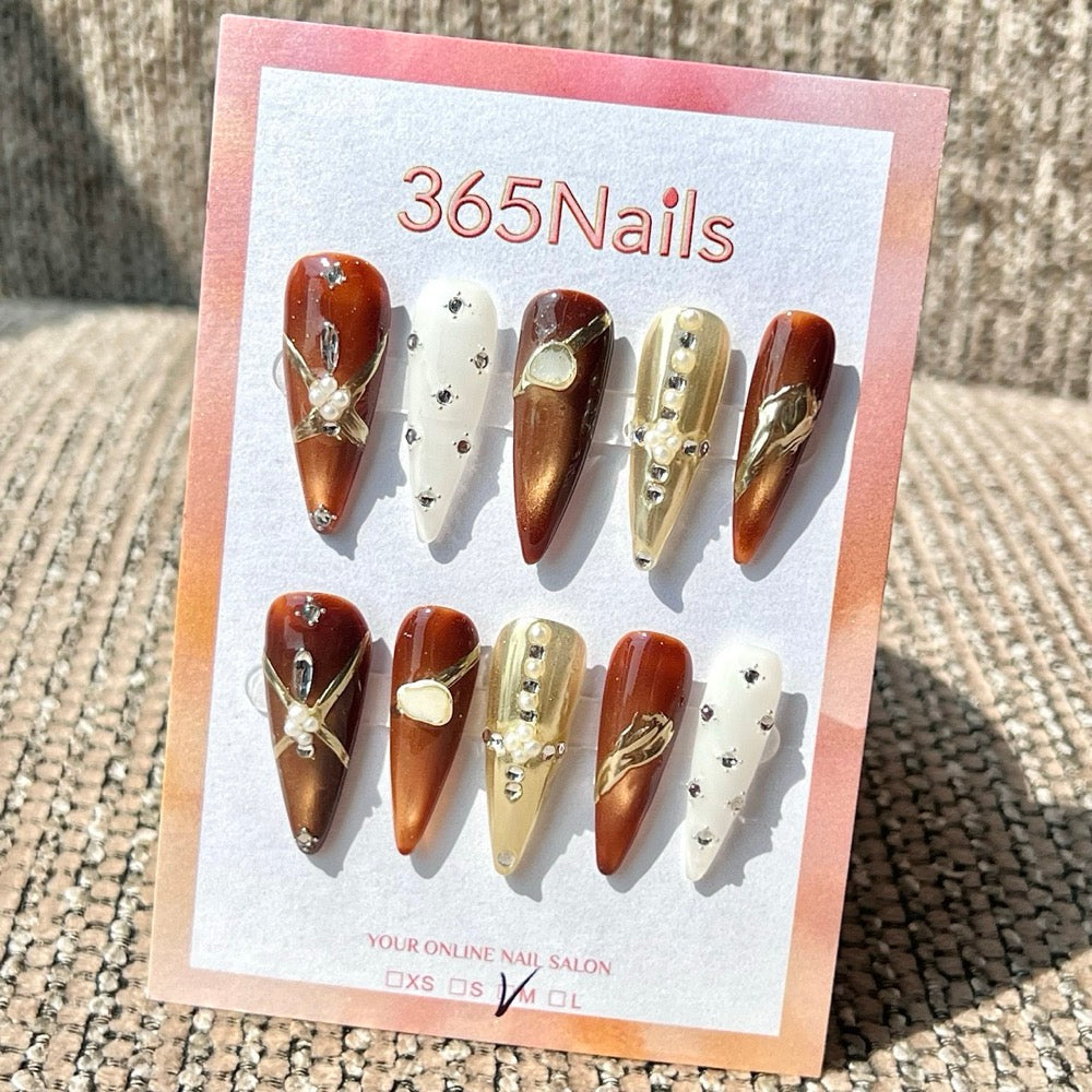 365nails: "Vintage Amber Pearl" – 토터스 & 골드 장식 수제 스틸레토형 네일