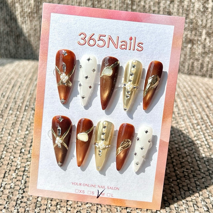 365nails: "Vintage Amber Pearl" – 토터스 & 골드 장식 수제 스틸레토형 네일