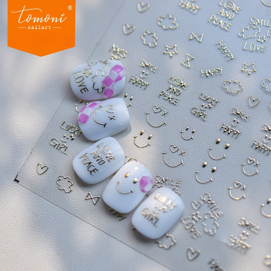 Silver Happy Icon Nail Stickers – 5D Embossed Minimalist Cheer Set