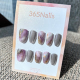 "Mystic Taro Mist" – Dusty Purple Marble & Grey Cat Eye with Gold Foil Oval Nails