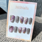 "Mystic Taro Mist" – Dusty Purple Marble & Grey Cat Eye with Gold Foil Oval Nails