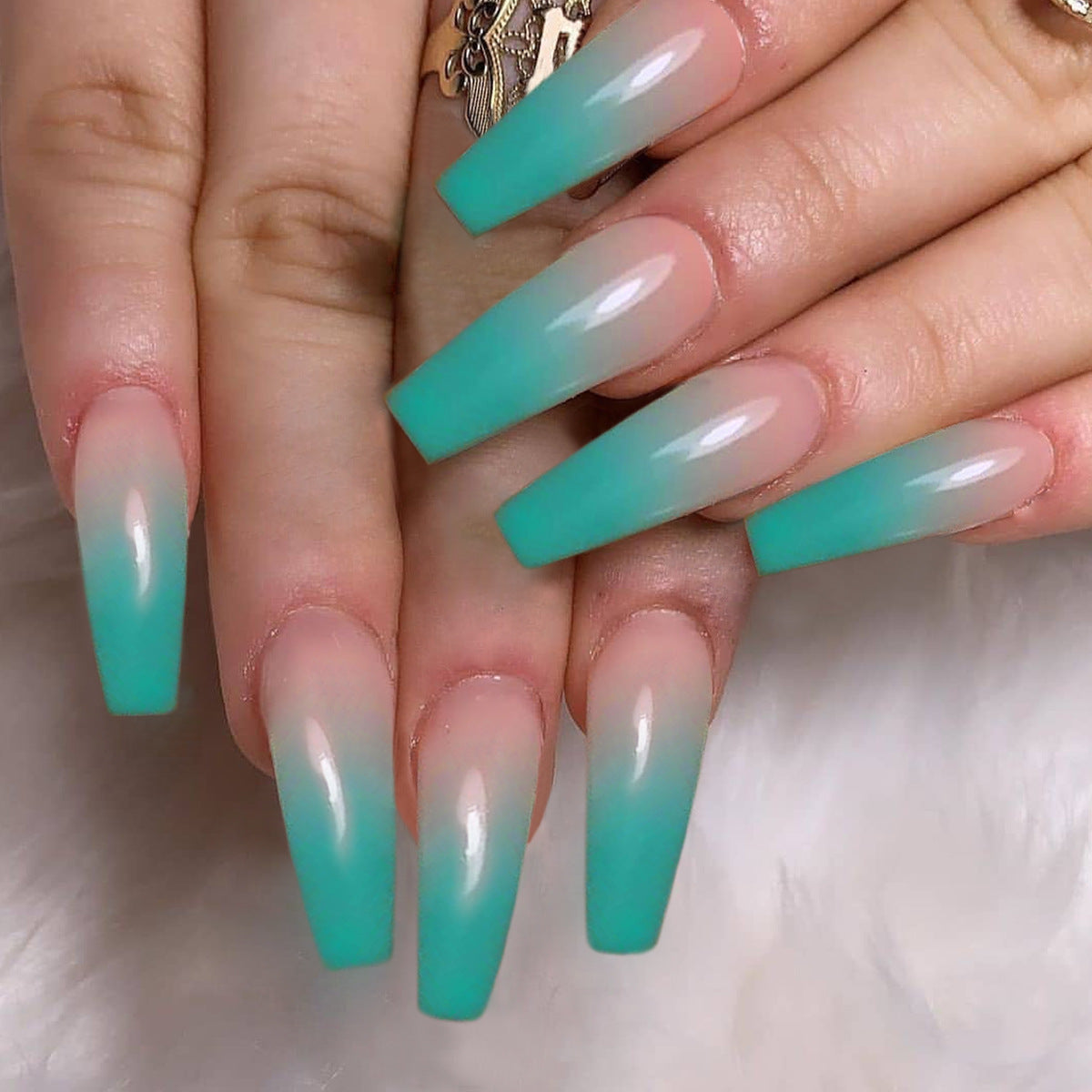 Blue water green gradual change long ballet wear nail art finished fake nail nail art patch nail patch waterproof removable｜365nails