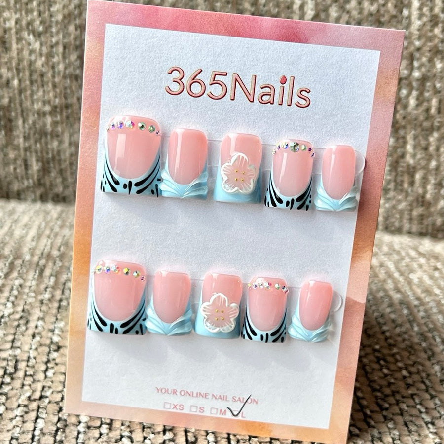 365nails: 블루·핑크 플라워 지브라 – 수제 숏 사다리꼴형 프레스온 네일