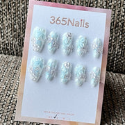 White and Blue 3D Floral Press-On Nails