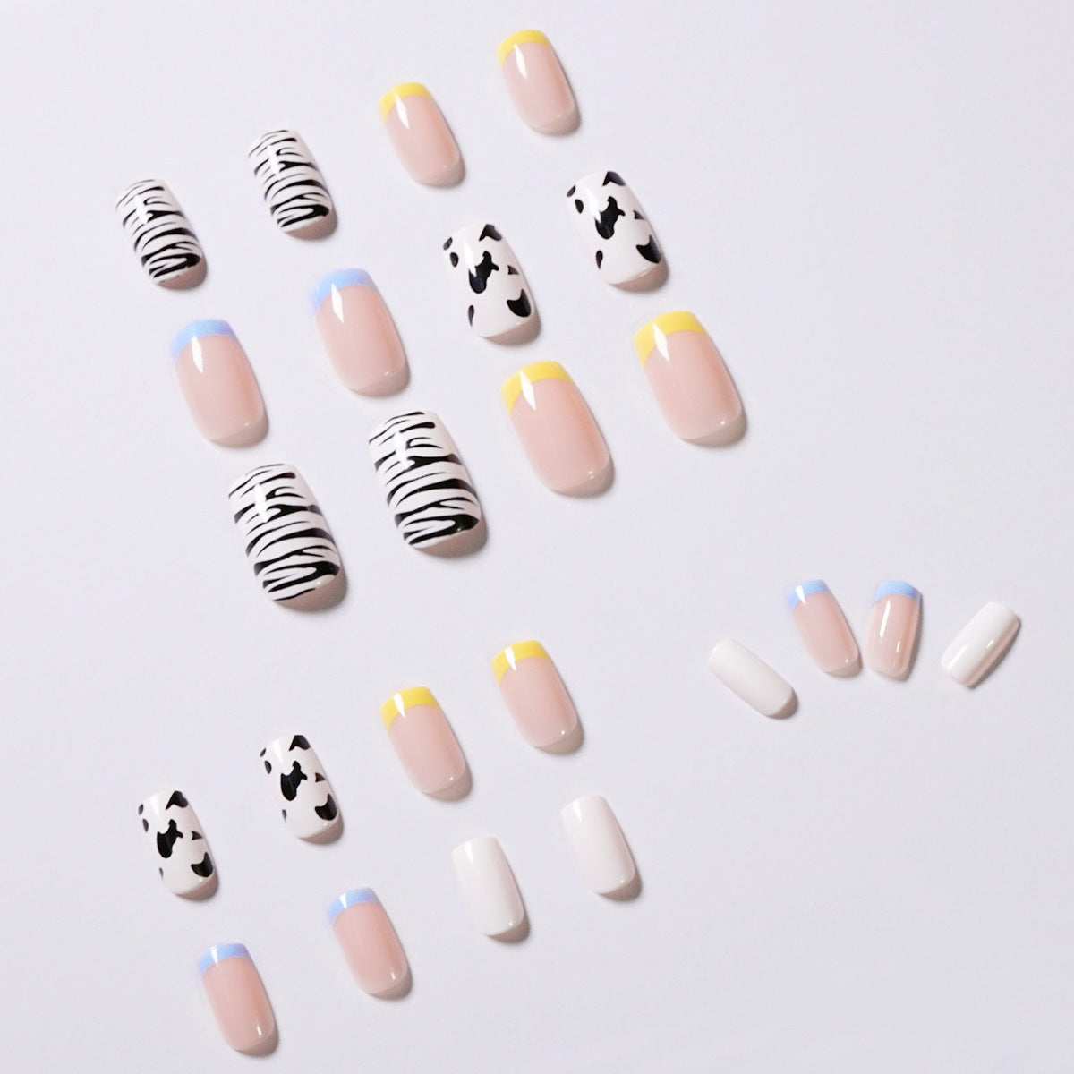 Parche de uñas postizas con diseño de vaca y gato en contraste, para manicura, resistente al agua y extraíble | 365nails