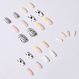 Parche de uñas postizas con diseño de vaca y gato en contraste, para manicura, resistente al agua y extraíble | 365nails