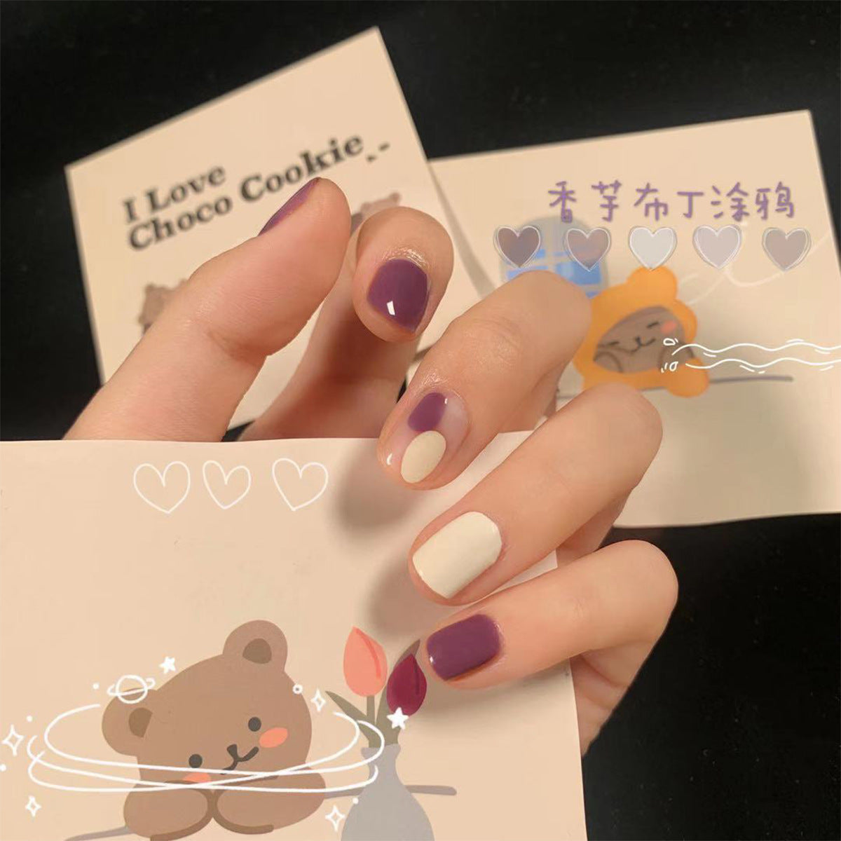 簡約純色格紋指彩 短款 INS風 成品穿戴甲 批發｜365nails