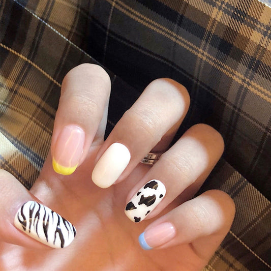Cow pattern contrasting cat pattern wearing manicure fake nail manicure patch nail patch waterproof removable nail piece｜365nails