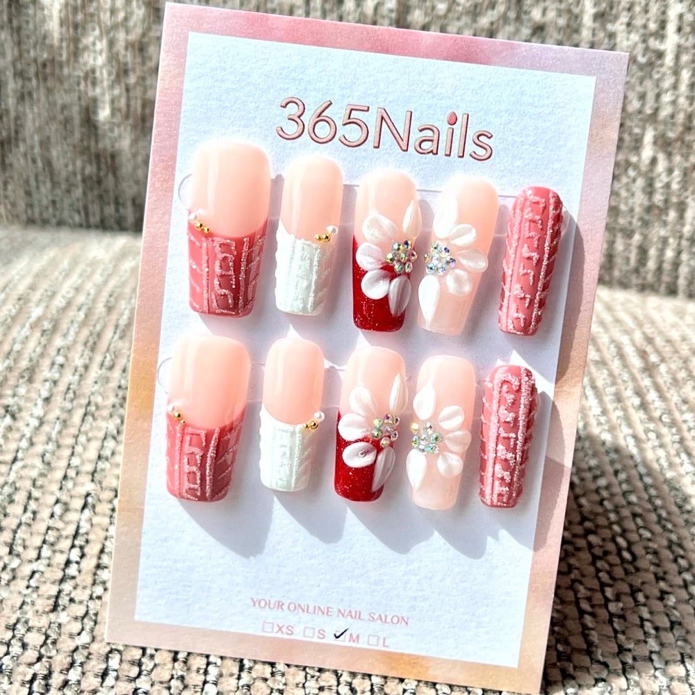 365nails 니트 겨울 꽃무늬 수제 미디엄 스퀘어형 프레스온 네일