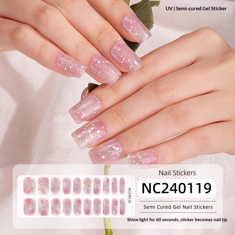 Semi-Cured Gel Nail Strips French Glitter Pink Sparkle Glossy Set (MOQ=3)
