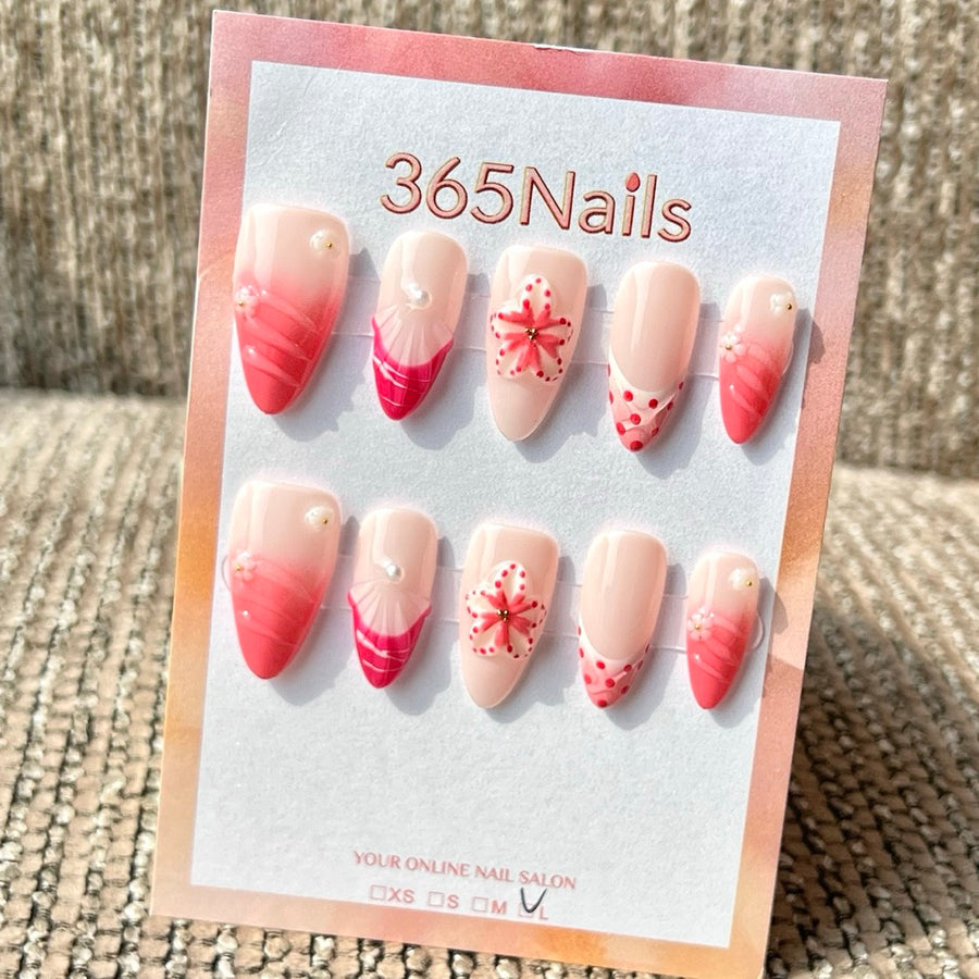 365nails: "Burgundy Pink Sea Urchin 3D" – Handmade Short Almond Press-On Nails
