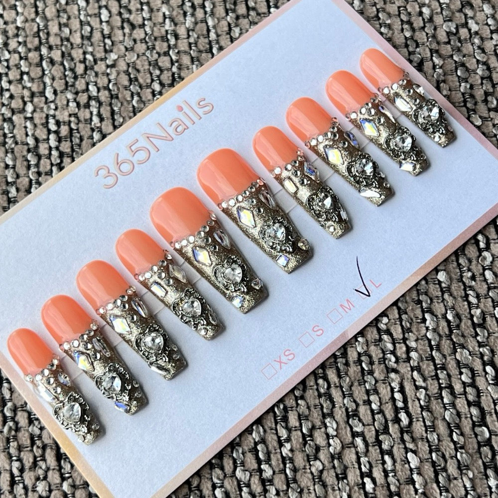 365nails: "Golden Citrus" – 3D 보석 & 레이스 수제 코핀형 네일