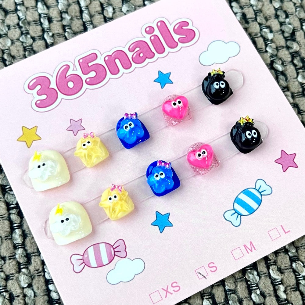 365nails: "Little Monster Party" – 3D Character Handmade Short Square Nails