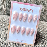 365nails: 「淺粉漩渦大理石乳白果凍」 – 極簡流體藝術手工製長款尖形穿戴甲