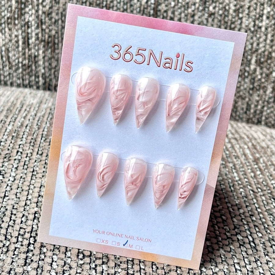 365nails: "Light Pink Swirl Marble Milky Jelly" – Minimal Fluid Art Handmade Long Stiletto Nails