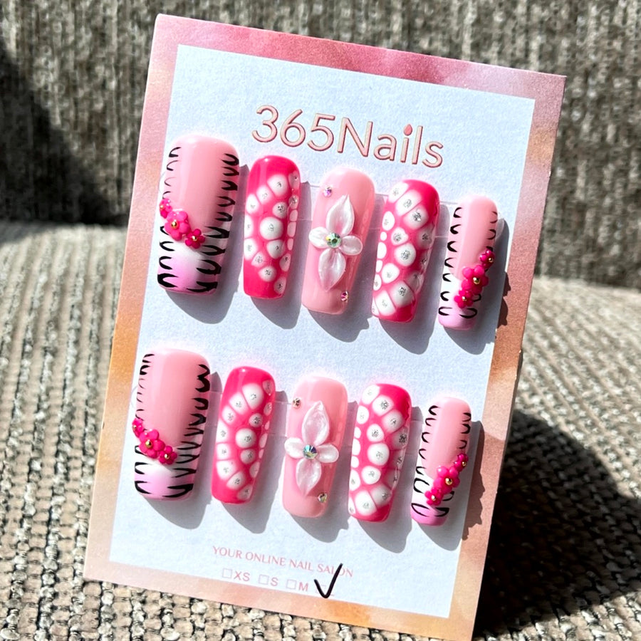 365nails: "블루밍 팝" – 3D 플로럴 & 추상 도트 수제 코핀형 네일