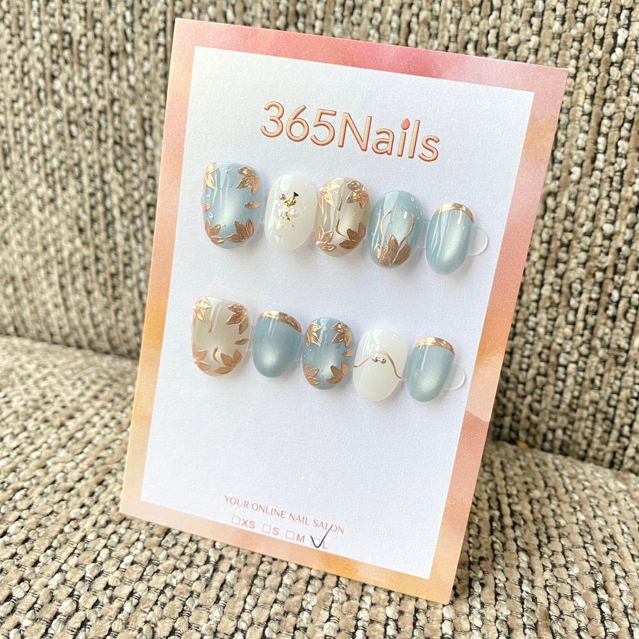 365nails: "Sky Blue Gold Leaf French Tip Pearl" – handmade press-on nail