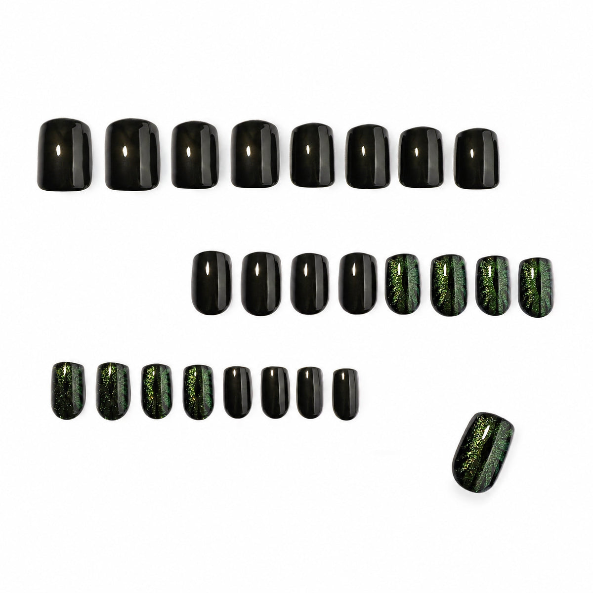 Set of 24 black and green cat-eye square press-on nails on white background