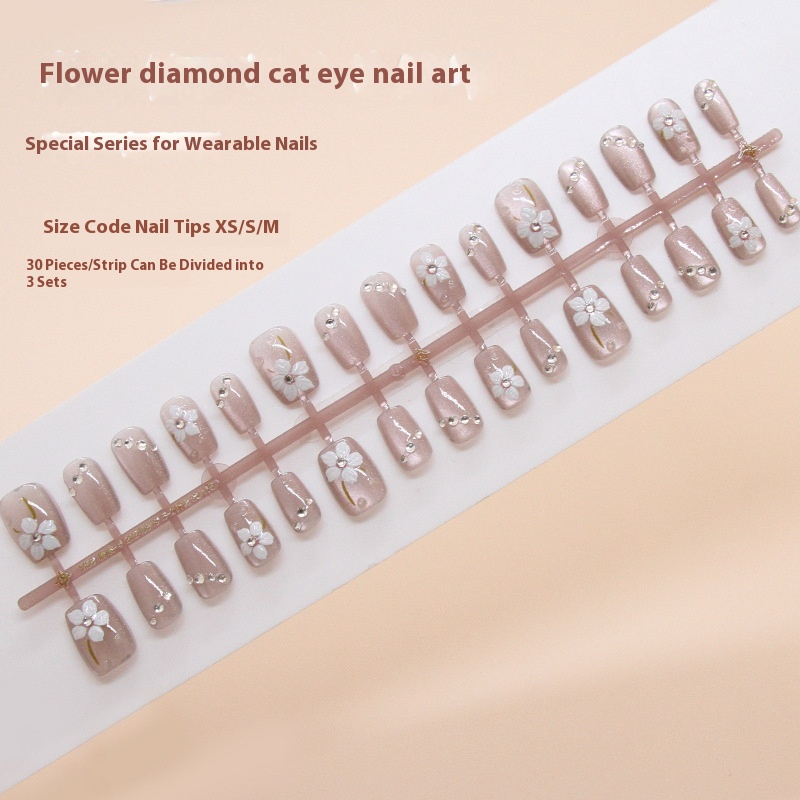 Pontas de unha pré-fabricadas, unhas postiças, unhas de pressão, peça de unha removível estilo nacional em formato de olho de gato com flor, remendo de manicure em T curto, modelo de broca｜365nails