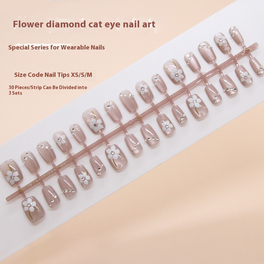 Nail Tips  prefabricated nail, press on nails, national style removable flower cat eye nail piece, short T manicure patch, drill model｜365nails