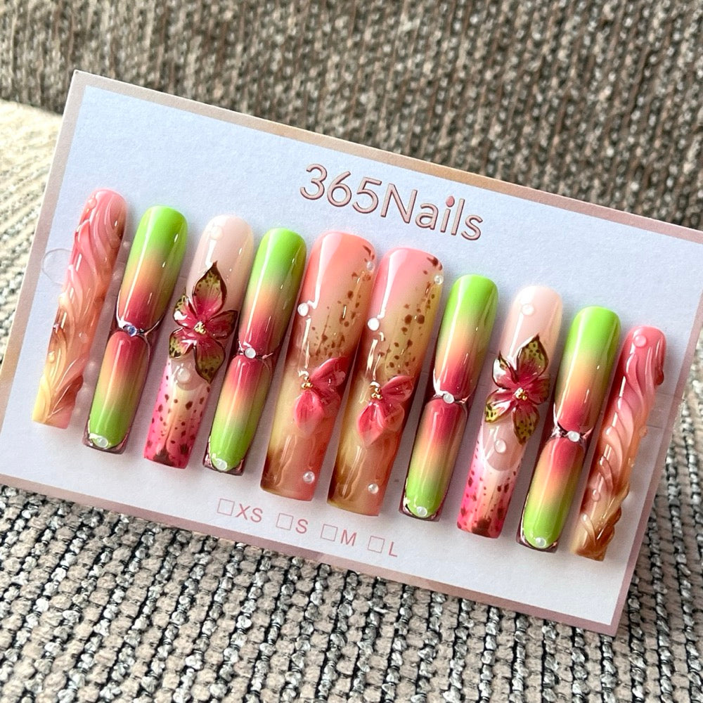 Neon Garden Pop - Green Pink Floral Press-On Nails