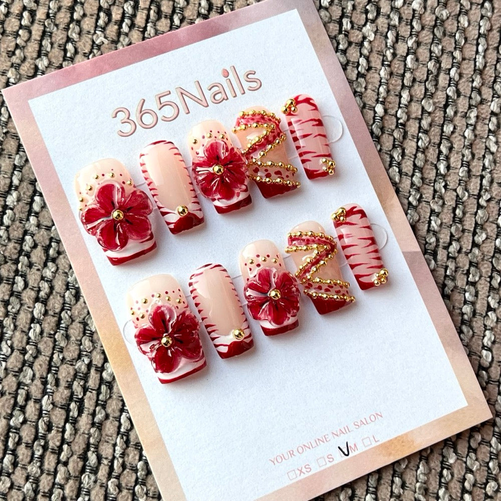 Ruby Tartan Bloom - Red Plaid Floral Press-On Nails
